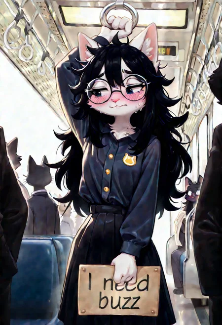 masterpiece,best quality,amazing quality,very aesthetic,high resolution,ultra-detailed,detailed background,absurdres,newest, high quality, detailed fur, 1girl, anthro, furry, cat, white fur, long hair, black hair, messy hair, blush, embarrassed, looking down, looking to side, slight smile, sweaty, steamy, round glasses, on train, crowded subway car, in crowd, standing, arm up, holding grab bar, dark blue long sleeve button up shirt, buttoned up wrong, skirt, need_buzz, holding sign saying "Need Buzz"