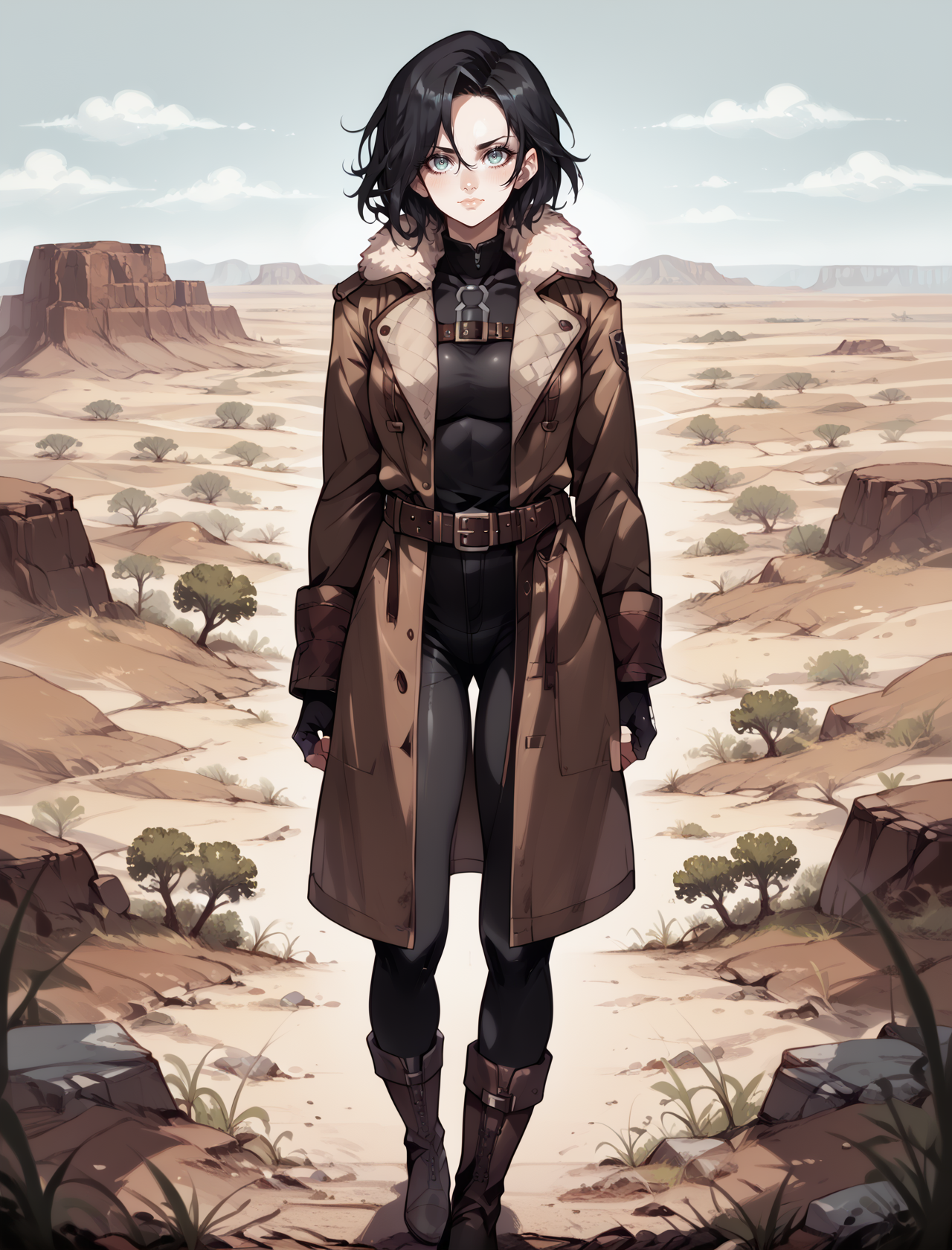(score_9_up, score_8_up), score_7_up, 1girl, portrait of a girl, Black hair,wearing a brown leather coat, fur, belt, fingerless gloves, boscoat,black tight jumpsuit, fur collar, long coat, long combat boots,  half body, Walking away from the camera, looking at viewer, <lora:urushihara-lora04_PonyXL:0.4> <lora:Galactic:0.3> <lora:BOSBattlecoat:0.9>, wasteland desert, <lora:epic_anime_scenery_v0_1:0.75>