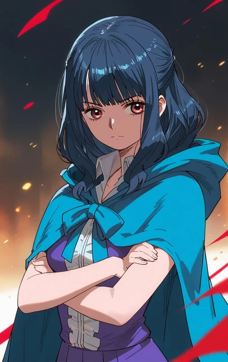<lora:PONY_character_ain-000004:1>,ain_(one_plece), 1girl, solo, cape, looking_at_viewer, closed_mouth, crossed_arms, score_9, score_8_up, score_7_up, score_6_up,1girl