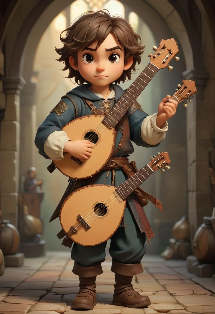 Medieval male musician holding a lute, chibi
