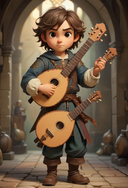 Medieval male musician holding a lute, chibi