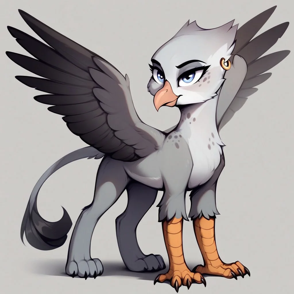 masterpiece, score_9_up, score_8_up, score_7_up, score_6_up, (best quality:1.1), ultra-detailed, high resolution, solo, Blackrock, griffon, mlp, avian, feral, female, long eyelashes, eyebrows, (((beautiful detailed light blue eyes))), beak, gray-white feathers, gray freckles, feathery ears, tail, wings, earring, full body, standing, expressiveh, highly visible, sharp focus, anatomically correct, simple background