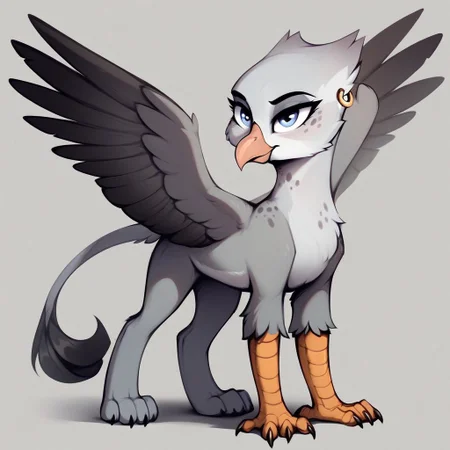 masterpiece, score_9_up, score_8_up, score_7_up, score_6_up, (best quality:1.1), ultra-detailed, high resolution, solo, Blackrock, griffon, mlp, avian, feral, female, long eyelashes, eyebrows, (((beautiful detailed light blue eyes))), beak, gray-white feathers, gray freckles, feathery ears, tail, wings, earring, full body, standing, expressiveh, highly visible, sharp focus, anatomically correct, simple background