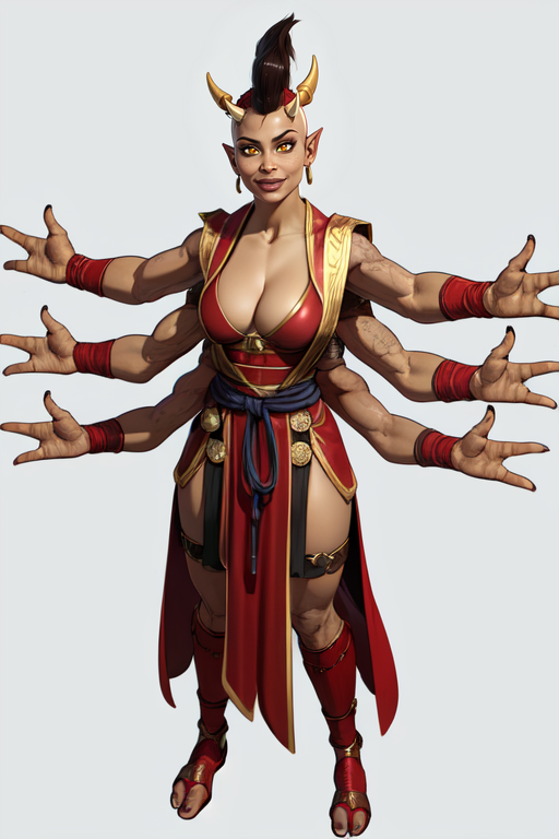 Sheeva, pointy ears, horns,yellow eyes, mohawk, 
red robes. cleavage,   medium breasts,   smile,   (4 arms:1.2) 
arena,  morning, 
standing, upper body, 
 mortal kombat, 
 (insanely detailed, beautiful detailed face, masterpiece, best quality)  <lora:SheevaMK11-10v5:0.8>