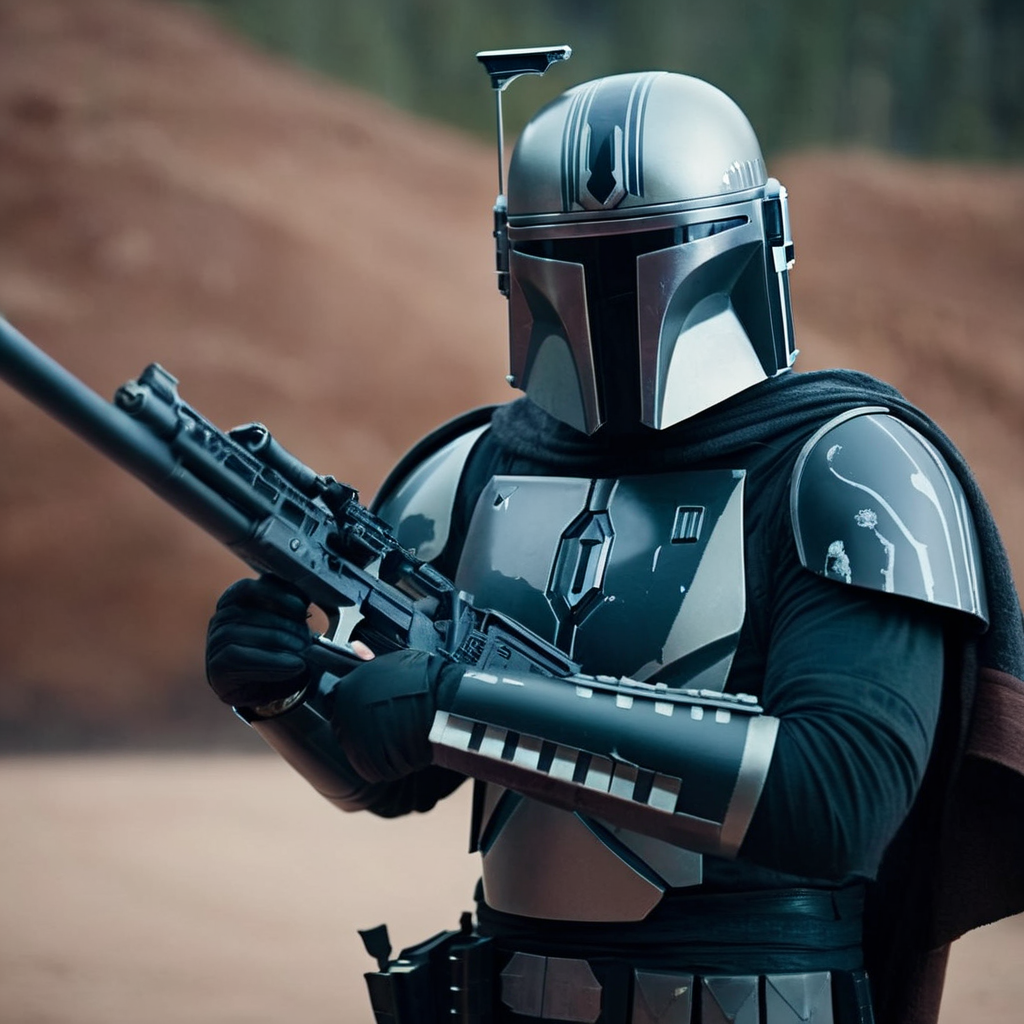 cinematic film still of  <lora:Mandalorian style:1.2>
in star wars universe a man in a black grey helmet holding a rifle Mandalorian style, shallow depth of field, vignette, highly detailed, high budget, bokeh, cinemascope, moody, epic, gorgeous, film grain, grainy