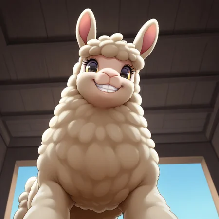 from below, Alpaca, looking at viewer, grin