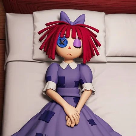 sleeping in bed, d_ll, 1girl,rag-doll, red yarn-like hair, flat orange triangular nose, blue button eye and black pupil in actual eye, purple bow in hair, purple dress with darker patches, white undershirt