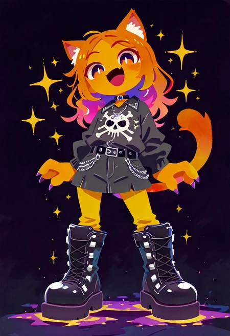 masterpiece, best quality, simple illustration, 1cat, , superdeformer, cute, urban clothing, big boots, goth, full body, solo, dark background, sparkles, vivid colors, vertical pupils, fang, tail ,happy, imp4ct_style, cute_style01f1, no_outlines,no lineart, t4kar4i_illu, inner_galaxy