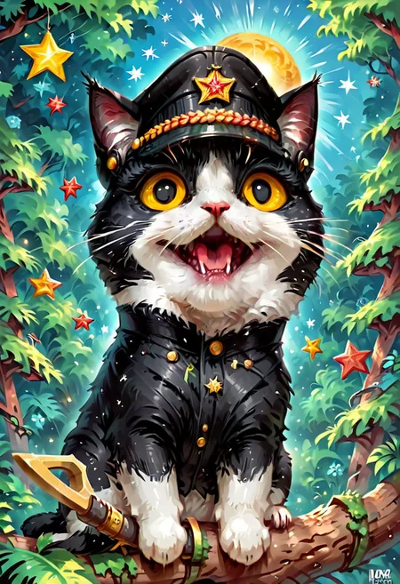 score_9, score_8_up, score_7_up, score_6_up, score_5_up, score_4_up, BREAK (soviet postcard, logo, komrade kat, propaganda portrait of very happy comrade cat, forest background), black white cat, green soviet peaked cap, star shape, hammer and sickle, sun, blue sky, muted colors, Jed-Cosmos