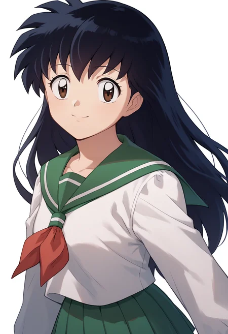 score_9, score_8_up, score_7_up, score_6_up, score_5_up, score_4_up, BREAK, source_anime,
1girl, kagomehigurashi, bangs, black hair, long hair, brown eyes,
sailor collar, long sleeves, neckerchief, pleated skirt, school uniform, serafuku,
upper body, smile, looking at viewer, solo, simple background, white background   <lora:KagomeHigurashiXL:1>