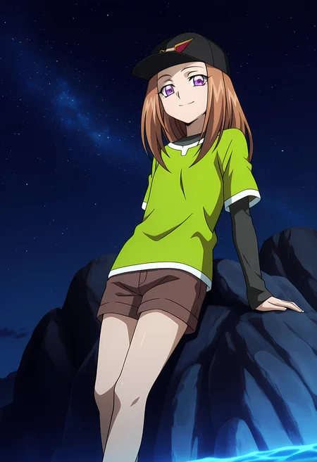 masterpiece,best quality,amazing quality,
solo,
Noa Hoshizaki (Cardfight Vanguard), long hair, brown hair,
purple eyes, hat, baseball cap, green shirt, black headwear, layered sleeves, short sleeves, short over long sleeves, layered sleeves, brown shorts,
looking at viewer, smile,
lying, Leaning back on rock,
cinematic,
bloom, night, at beach, starry sky, galaxy sky, glowing blue ocean waves, blue light, detailed shadow,
Official style, anime screencap, anime coloring,