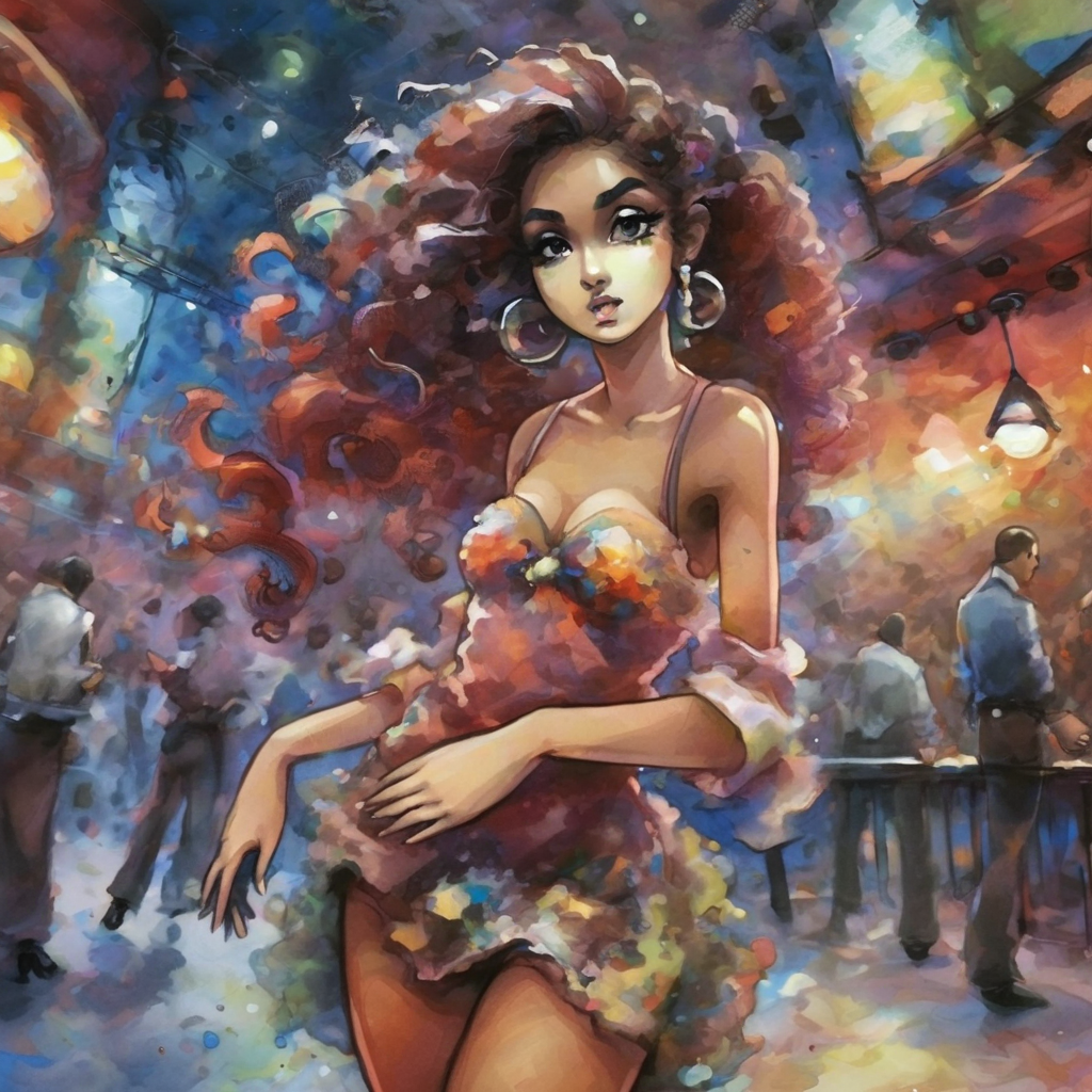 artmix04 beautiful girl esmeralda with long hair in a colorful dress, dancer in a nightclub, very detailed<lora:artmix04:1>
