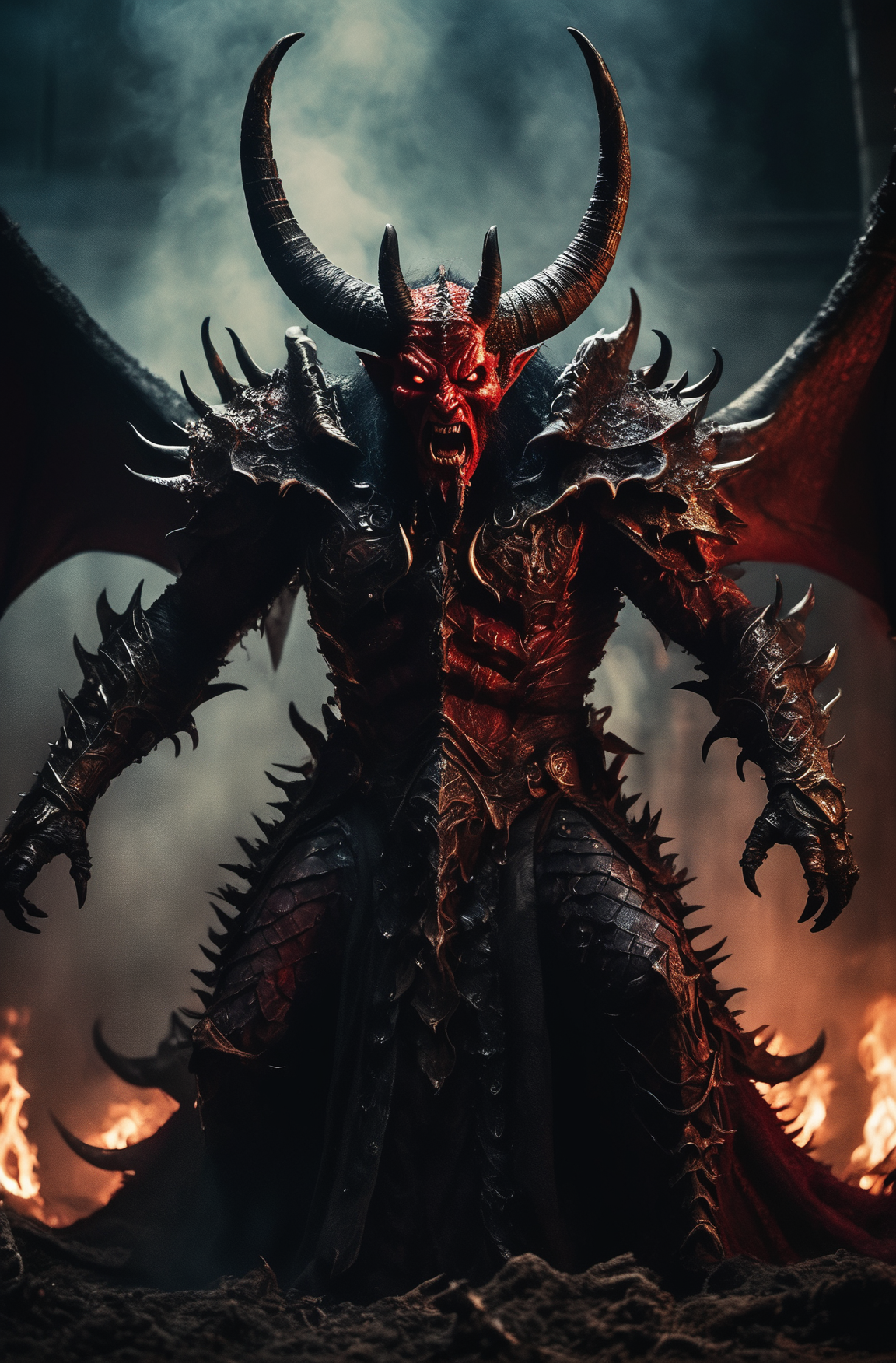 Horror-themed cinematic film still,a horrifying red-skinned male demon king, (full body portrait:1.3), (detailed monstrous evil face:1.4), screaming, wide spread bat like wings, (detailed scaly skin texture:1.2), long curved horns, (in hell, swirling tormented souls, billowing smoke:1.5), black spiky armor,, shallow depth of field, vignette, highly detailed, high budget, bokeh, cinemascope, moody, epic, gorgeous, film grain, grainy . Eerie, unsettling, dark, spooky, suspenseful, grim, highly detailed