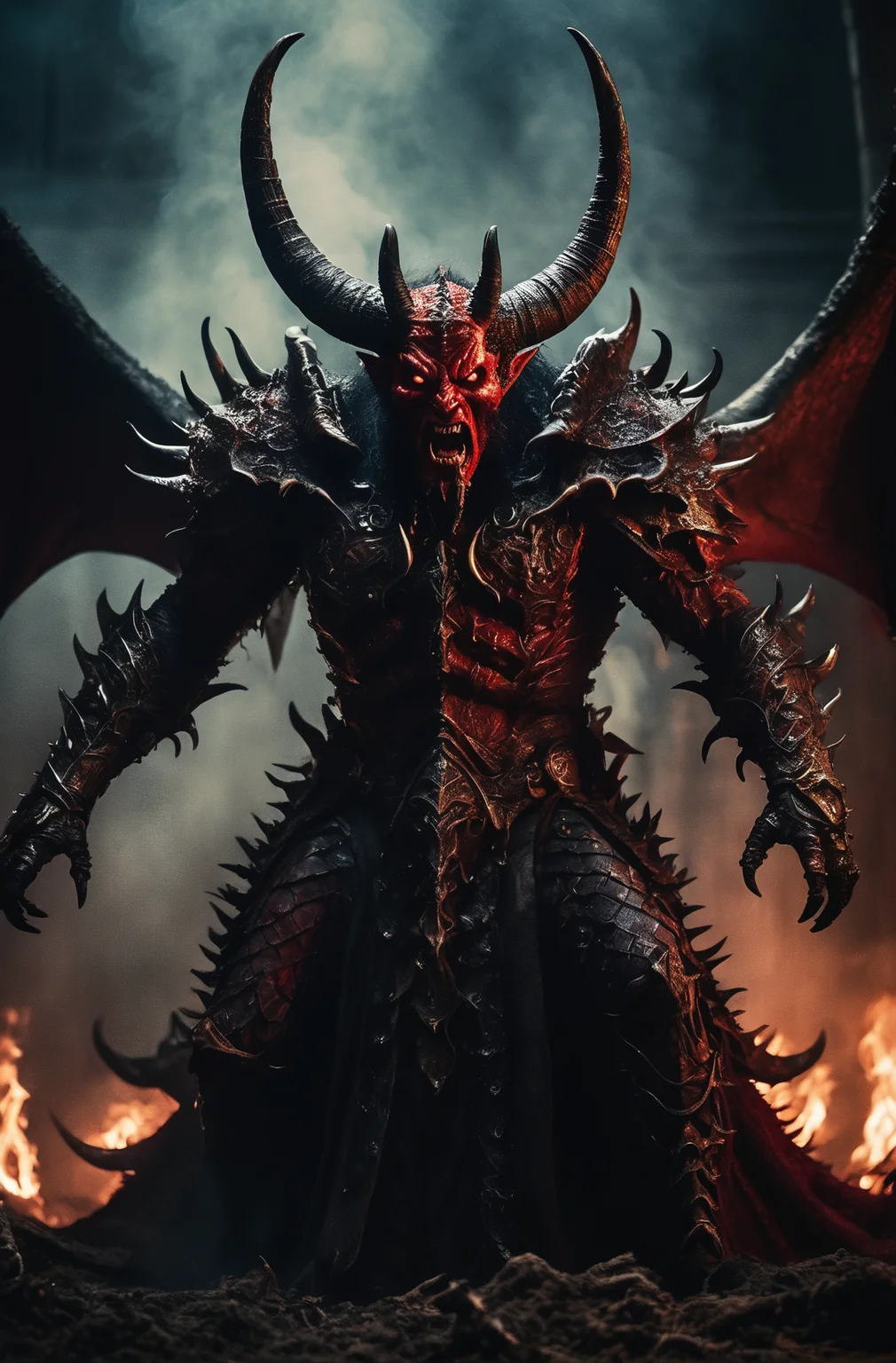 Horror-themed cinematic film still,a horrifying red-skinned male demon king, (full body portrait:1.3), (detailed monstrous evil face:1.4), screaming, wide spread bat like wings, (detailed scaly skin texture:1.2), long curved horns, (in hell, swirling tormented souls, billowing smoke:1.5), black spiky armor,, shallow depth of field, vignette, highly detailed, high budget, bokeh, cinemascope, moody, epic, gorgeous, film grain, grainy . Eerie, unsettling, dark, spooky, suspenseful, grim, highly detailed