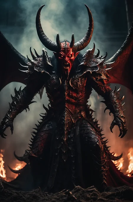 Horror-themed cinematic film still,a horrifying red-skinned male demon king, (full body portrait:1.3), (detailed monstrous evil face:1.4), screaming, wide spread bat like wings, (detailed scaly skin texture:1.2), long curved horns, (in hell, swirling tormented souls, billowing smoke:1.5), black spiky armor,, shallow depth of field, vignette, highly detailed, high budget, bokeh, cinemascope, moody, epic, gorgeous, film grain, grainy . Eerie, unsettling, dark, spooky, suspenseful, grim, highly detailed