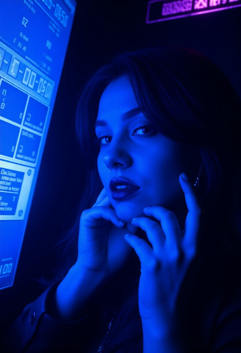 HyperCinemaNEON The image is a hyper-realistic shot of a beautiful and shapely rogue hacker in a dim, server-filled hideout. Cold UV light from multiple holographic screens paints her face in shifting cyan and violet hues. Her fingertips glitch with augmented-reality static, and a half-removed neural interface wire dangles near her temple, sparking faintly.