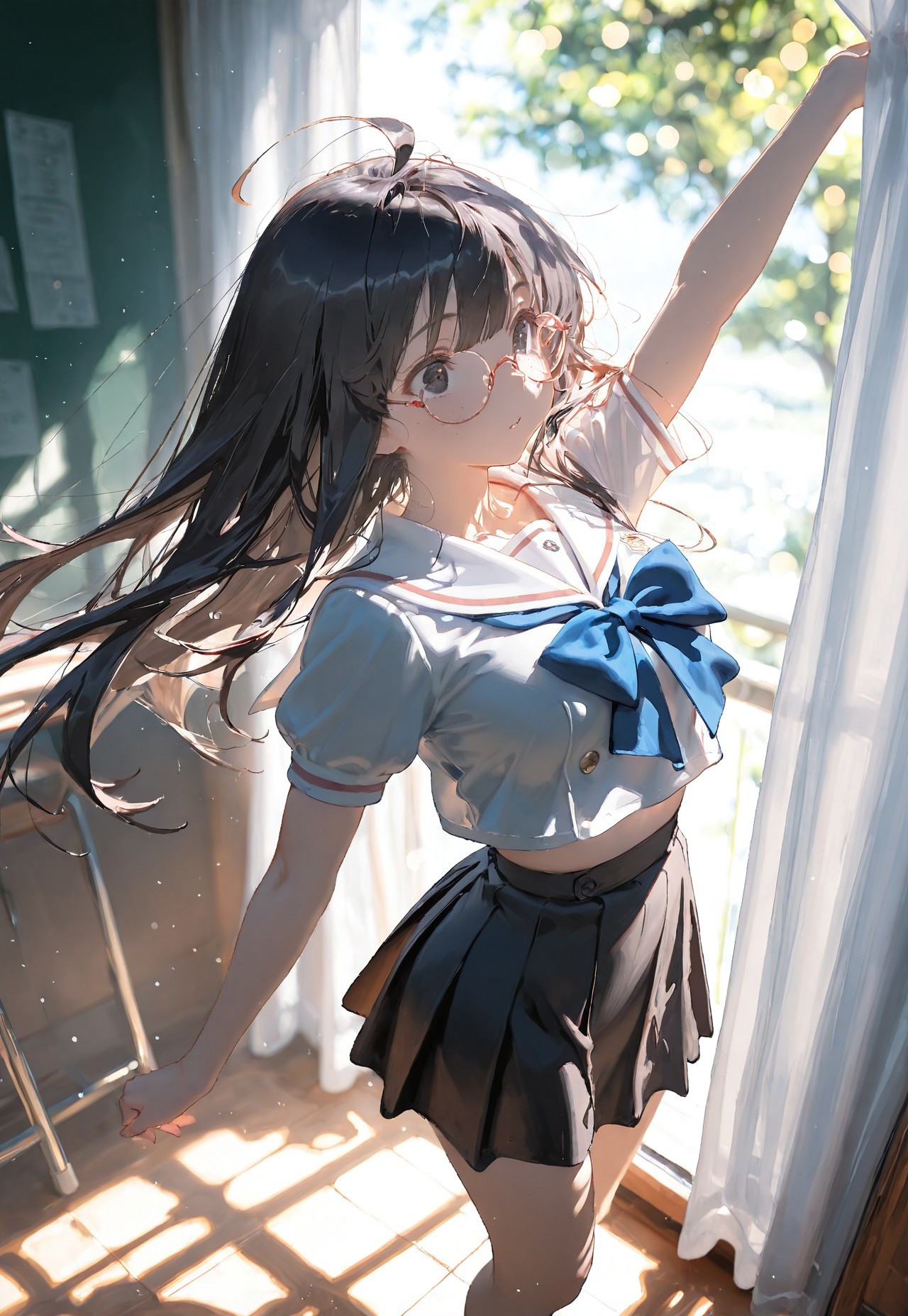 ((bust shot,standing:1.5))

1 girl,medium breast,long hair,(curtain bangs:1.3),(black hair:1.3), (black eyes:1.1),asian_japanese,ahoge,(light freckles:1.2),red rimmed round glasses,

(White crop top sailor school uniform,black skirt:1.5),(japanese classroom background),(day:1.5).

sparkling effects,(Bokeh around character:1.3),(character focus:1.2),((dynamic pose:1.4)),((foreshortening:1.5)),((extreme perspective:1.4)),((dynamic angle:1.3)),((negative space:1.1)),

Cunnystyle,Smooth_Quality,amazing quality, ((aesthetic:1.3)),(no line art:1.3),((4k,8k,Ultra HD)),((Masterpiece :1.2)),((Best quality :1.2)),((Detailed :1.5)),((Detailed background :1.5))