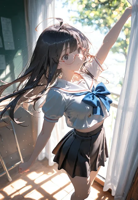 ((bust shot,standing:1.5))

1 girl,medium breast,long hair,(curtain bangs:1.3),(black hair:1.3), (black eyes:1.1),asian_japanese,ahoge,(light freckles:1.2),red rimmed round glasses,

(White crop top sailor school uniform,black skirt:1.5),(japanese classroom background),(day:1.5).

sparkling effects,(Bokeh around character:1.3),(character focus:1.2),((dynamic pose:1.4)),((foreshortening:1.5)),((extreme perspective:1.4)),((dynamic angle:1.3)),((negative space:1.1)),

Cunnystyle,Smooth_Quality,amazing quality, ((aesthetic:1.3)),(no line art:1.3),((4k,8k,Ultra HD)),((Masterpiece :1.2)),((Best quality :1.2)),((Detailed :1.5)),((Detailed background :1.5))