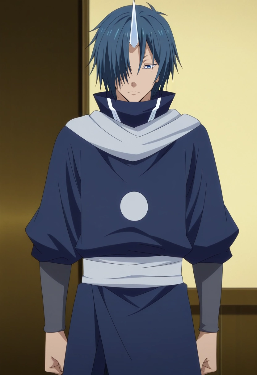 masterpiece, best quality, anime screencap, official style, anime coloring, cowboy shot, 1boy, solo, male focus, <lora:souei_tensura_ilxl:0.98>, souei_tensura, blue hair, blue eyes, hair over one eye, single horn, ,