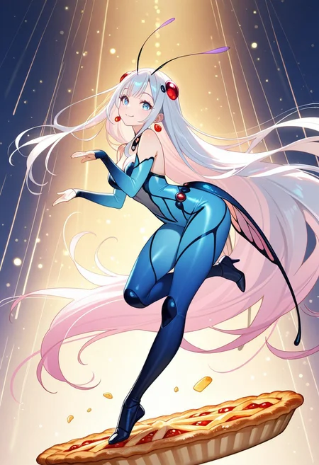anime style, full body, bug girl, pie, flying pie, 1girl, smile, no plate, jewelry, very long hair, hair accessories, earrings, pastels, soft, cute, free pose, fine skin texture, fair skin, delicate face, long eyelashes, bright colors, wind, light particles, light, lines of movement, extremely detailed, intricate, exquisite detail, cinematic lighting, very beautiful, absurd, dynamic graphics, dynamic angles, special movements, dynamic poses, movement poses, dynamic movements, illustration, 8K wallpaper, beautiful eyes, exquisite eyes, beautiful, soft colors