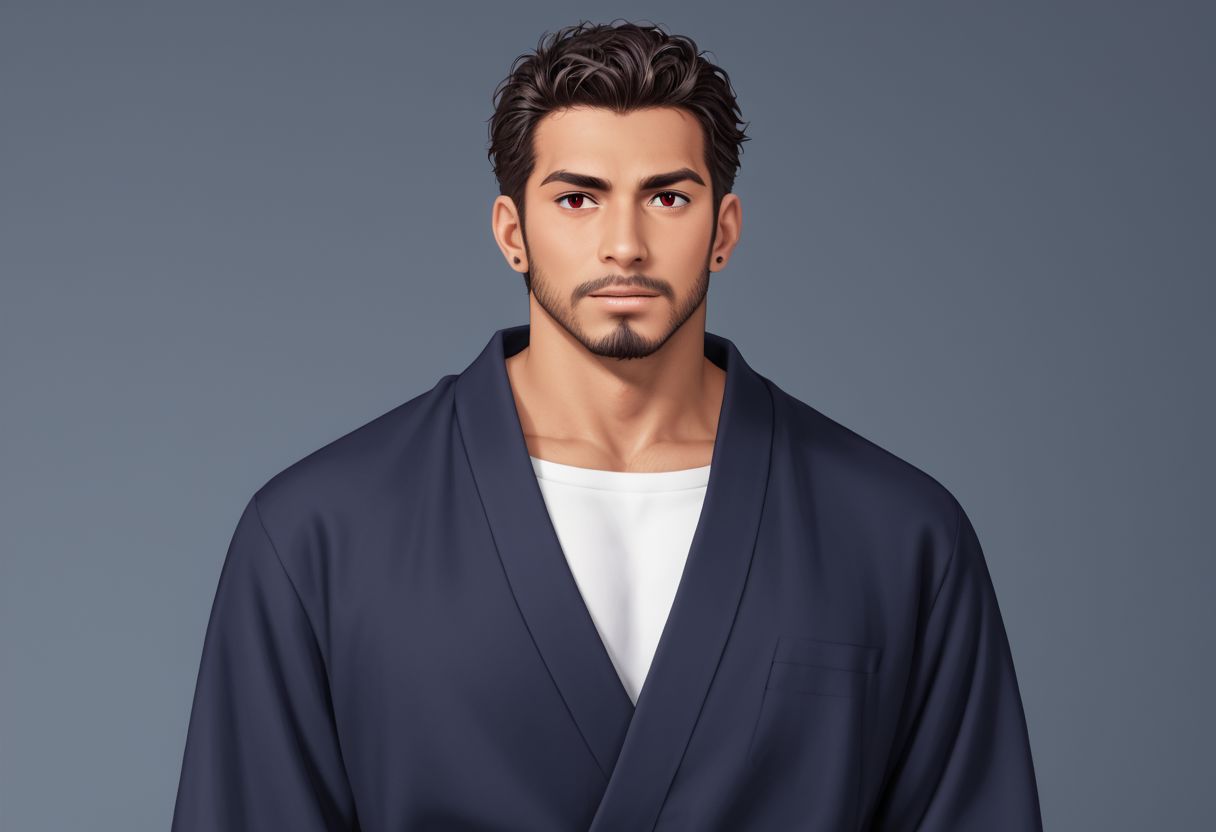 1man, Mature, latn race, adult man, skin  tanned, He has black shoulder-length shaggy hair,  red eyes, thin eyebrows, ear piercing, small goatee, wearing black Japanese tunic with scarlet edges, alone, looking forward, athletic body, masculino, bara.