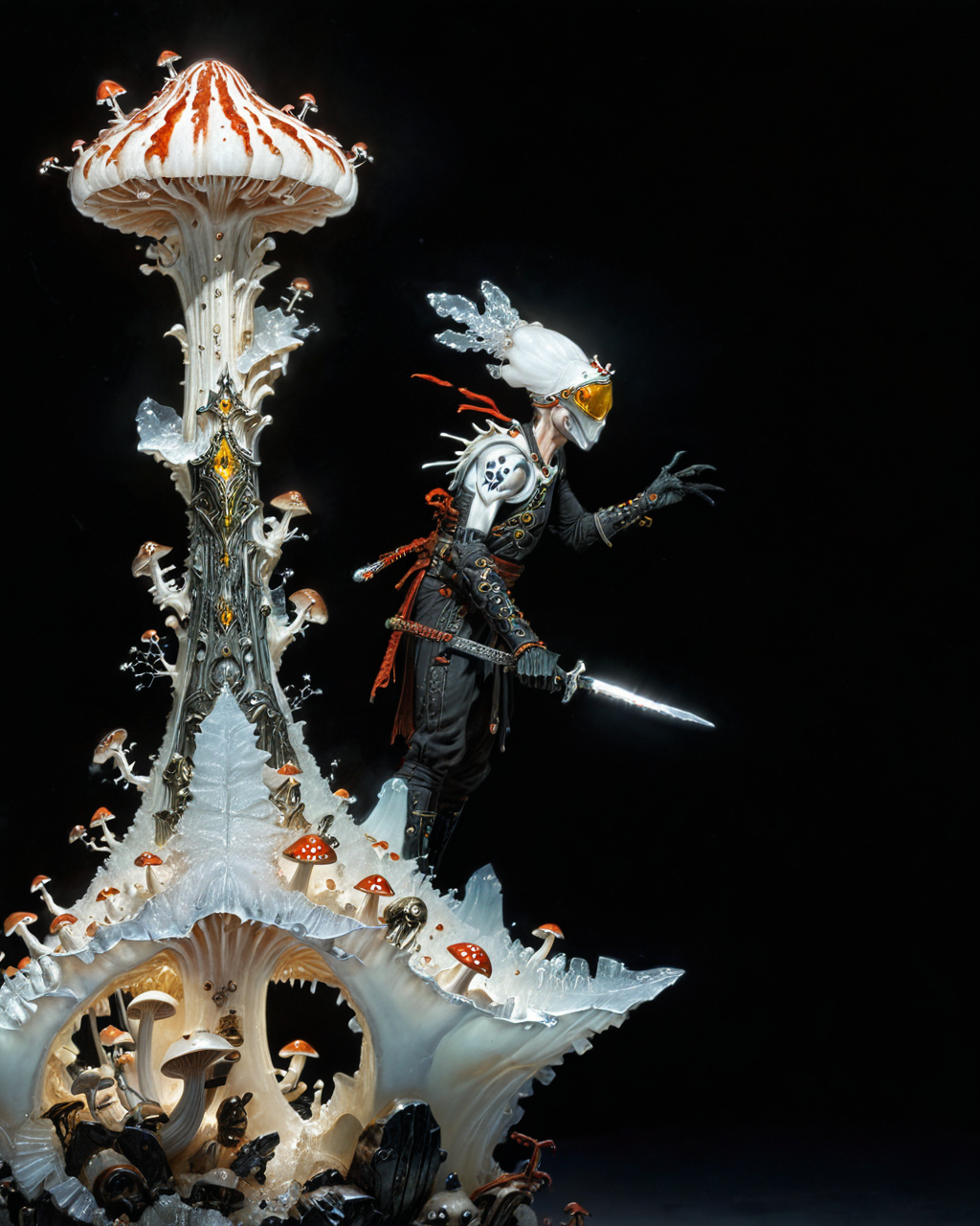 village mushroom ninja priest, Kay Nielsen , light shining through CALCITE, blood, rodney matthews, chrome, elegant, intricate, viewed from the side, black background, <lora:xl_more_art-full_v1:0.5> <lora:add-detail-xl:0.75>    <lora:Gerald_Brom_XL_-_Dark_Fantasy_Art:1> Gerald Brom, hazy background