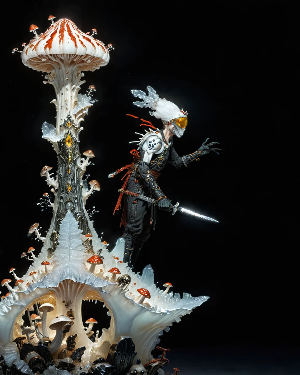 village mushroom ninja priest, Kay Nielsen , light shining through CALCITE, blood, rodney matthews, chrome, elegant, intricate, viewed from the side, black background, <lora:xl_more_art-full_v1:0.5> <lora:add-detail-xl:0.75> <lora:Gerald_Brom_XL_-_Dark_Fantasy_Art:1> Gerald Brom, hazy background