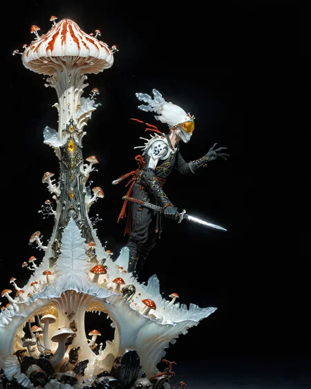 village mushroom ninja priest, Kay Nielsen , light shining through CALCITE, blood, rodney matthews, chrome, elegant, intricate, viewed from the side, black background, <lora:xl_more_art-full_v1:0.5> <lora:add-detail-xl:0.75> <lora:Gerald_Brom_XL_-_Dark_Fantasy_Art:1> Gerald Brom, hazy background