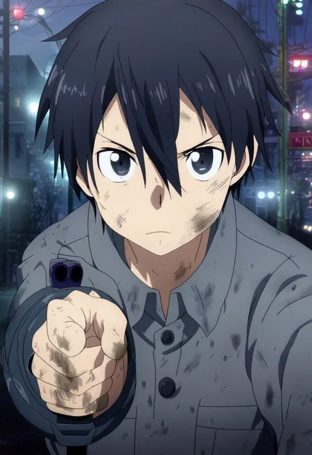 high resolution, professional photography, solo, best quality, 1Boy, Kazuto Kirigaya, Black Hair, Black Eyes, potrait, midnight, big city, dim street lights, dirty, cold, tense, mysterious, sharp eyes, merciless, threatening, weapon, aiming the weapon at the viewer, OverallDetail