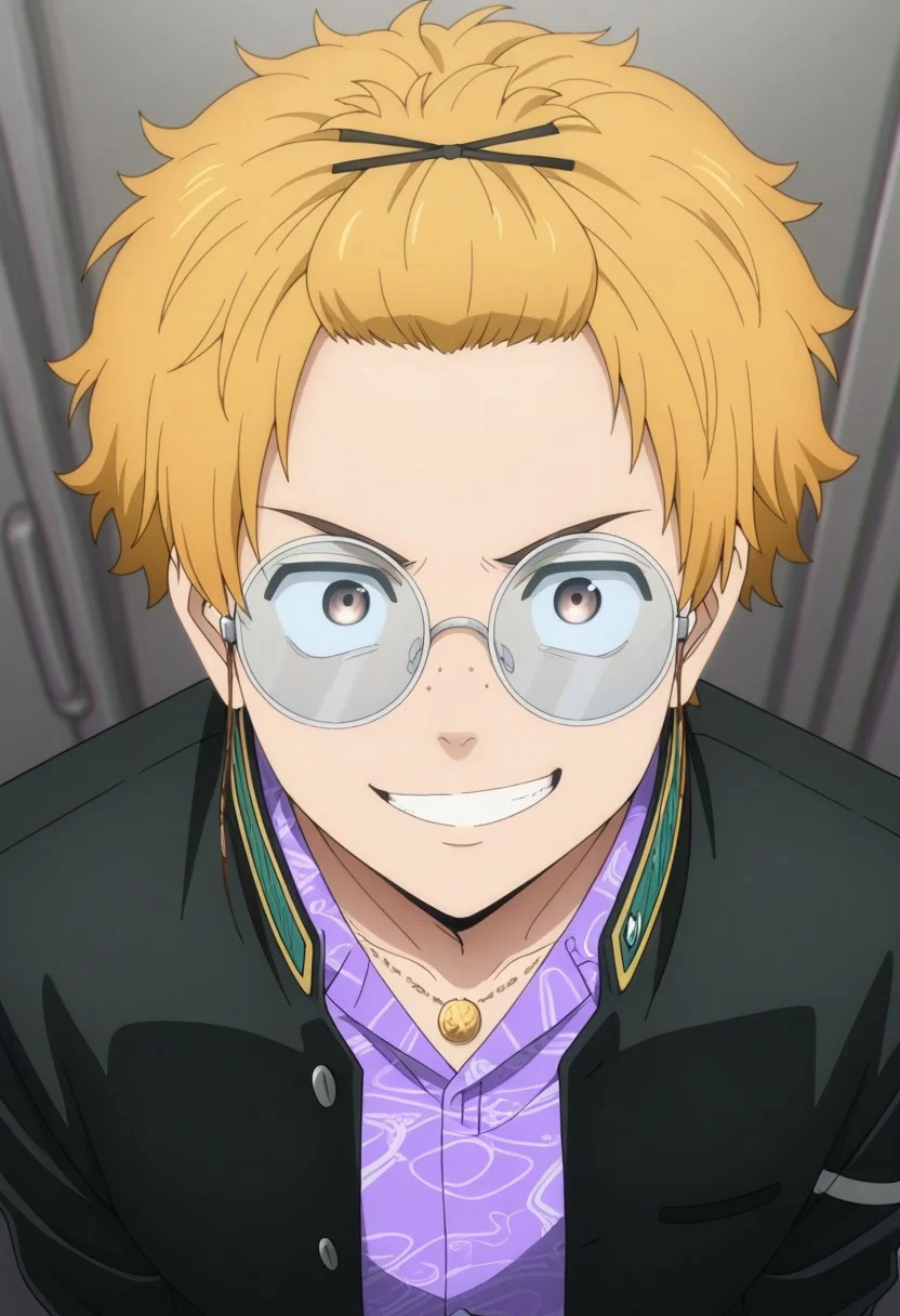 masterpiece,best quality,amazing quality, source_anime,
AkihikoNirei, 1boy, male focus, solo, brown eyes, blonde hair, bangs pinned back, freckles, glasses, round eyewear, school uniform, necklace, jacket, black jacket, open jacket, shirt, purple shirt, collared shirt, grin,