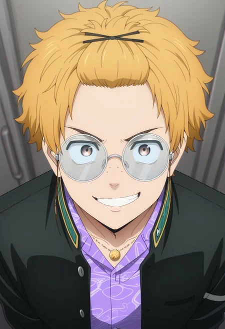 masterpiece,best quality,amazing quality, source_anime,
AkihikoNirei, 1boy, male focus, solo, brown eyes, blonde hair, bangs pinned back, freckles, glasses, round eyewear, school uniform, necklace, jacket, black jacket, open jacket, shirt, purple shirt, collared shirt, grin,