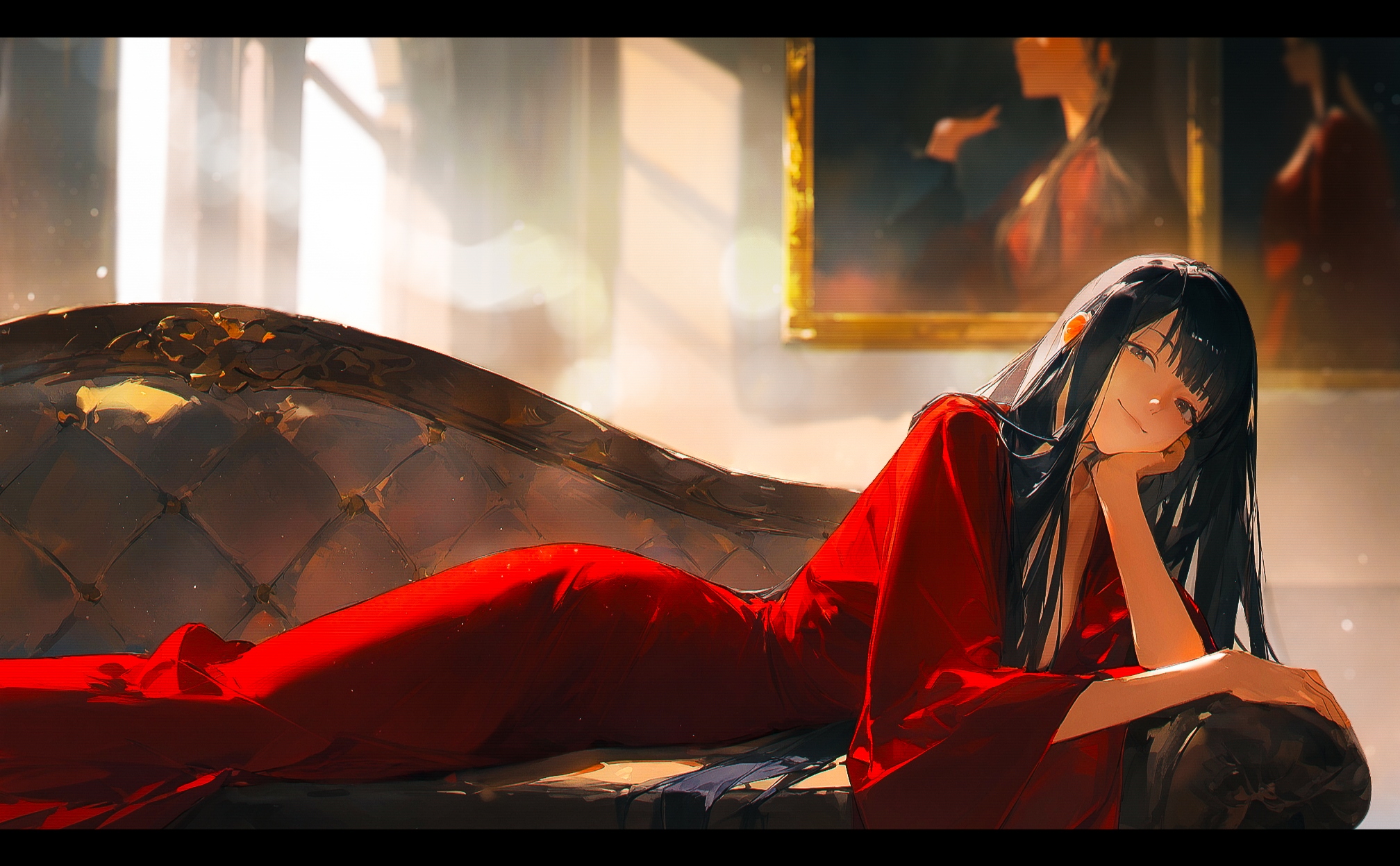 1girl,  (by 
noland
:1.2), painting \(medium\),  cinematic shot, safe,
tall female, long legs, narrow waist, on coach, lying, red dress, long dress, loose clothes, indoors, day, from side, sideways glance, head rest, smug, looking at viewer, curvy,  long black hair, straight hair, hair over breasts, wide sleeves, long sleeves, outstretched leg, light particles, depth of field, blurry background, blurry focus,
,masterpiece, highres, greatscore, absurdres,