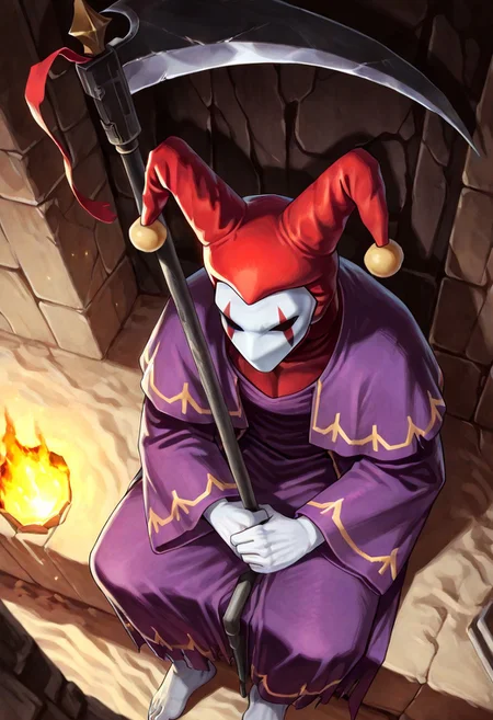 score_9,score_8,score_7,source_furry, (masterpiece, best quality, high quality:1.2), detailed hands,character focus, detailed skins, body blush, cinematic shadow, character focus, ultra detailed background, <solo:1.5>, <1boy:1.5>, (anime:3.5), (official:3.5), (dynamic sitting:1.8),
chariotsaga, 1boy, solo, male focus, from above,
jester, red headwear, looking at viewer, white skin, jester cap, pom pom (clothes), (faceless mask:1.2), facepaint, hat, robe, purple robe, torn robes, long sleeves, wide sleeves, barefoot, light gray color nails, holding, scythe, weapon, holding scythe, holding weapon,
ancient ruin background, indoor, dark orange stone wide rooms, torch wall, darkness, sand, desert,