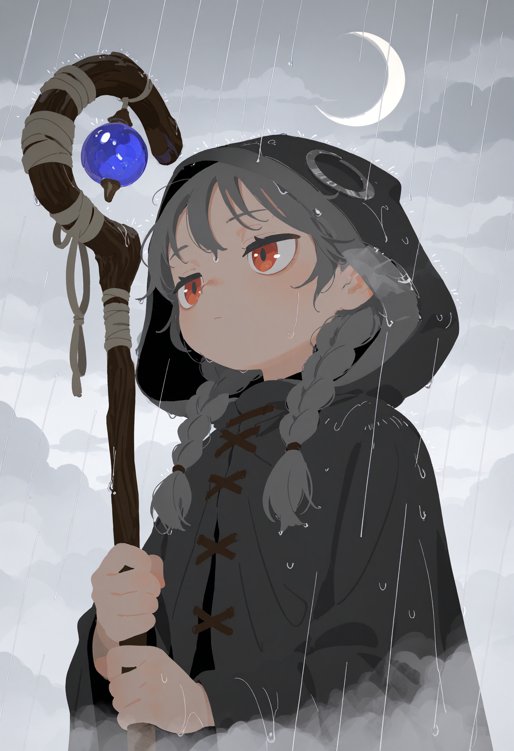 flat color, no lineart, masterpiece, best quality, amazing quality, very aesthetic, high resolution, very awa,
1girl,  face focus, twin braids, jitome, cloud, crescent moon, fog, holding mage staff, rain, hood up, cloak, [(realistic:0.5)::0.2],
, <lora:NOOB_EPSv1_1_detailer_by_vlnvk_v1_0:1>
, <lora:spo_sdxl_10ep_4k-data_lora_webui:.5>
, <lora:torikun_noobai:1>