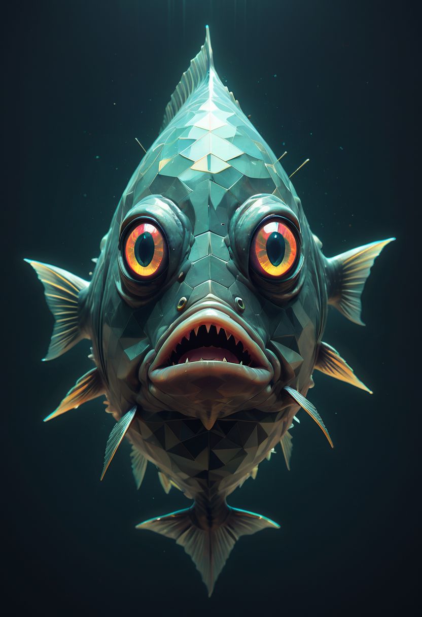 Surreal fish, glowing eyes, glitchcore, double exposure, poster style, geometric, triangles, glitchy, eerie, lights, occult, dark, fish fish fish