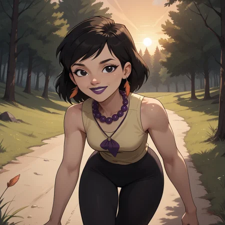 score_9, score_8, BREAK, solo, black hair, black eyes, purple lips, lipstick, purple necklace, feather earrings, sleeveless shirt, leggings, sneakers, total drama, Sky_(Total_Drama), cute, tdpi, sexy pose, self portrait, smile, outdoors, sunlight, shadows, evening lighting, natural lighting, forest, trees, grass, orange sky, sunset