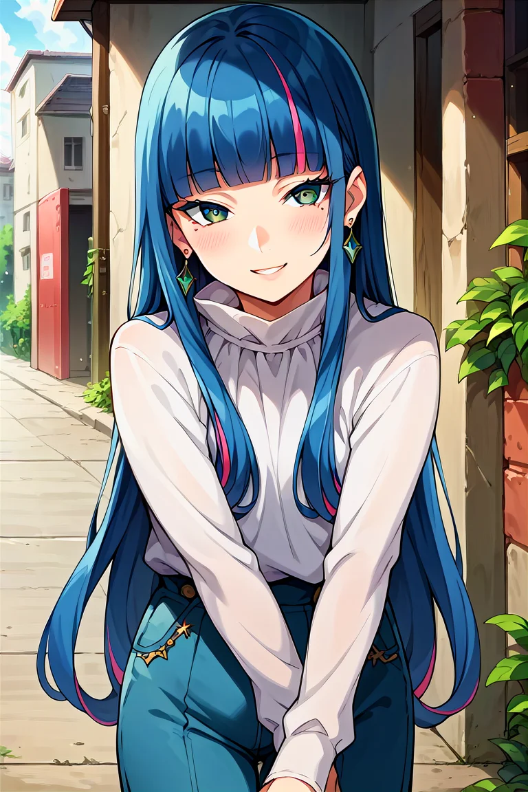 score_9, score_8_up, score_7_up, score_6_up, score_5_up, score_4_up, rating_questionable, , source_anime, digital illustration, pixiv, fanbox, uncensored, , BREAK, official art,
1girl, solo, female, eida, blue hair, blunt bangs, colored colored inner hair, long hair, earrings, long sidelocks,
white shirt, long sleeves, jewelry, outdoors, light smile, blush, cowboy shot, looking at viewer, colorful, vivid <lora:Eida_Pony-10:0.8>