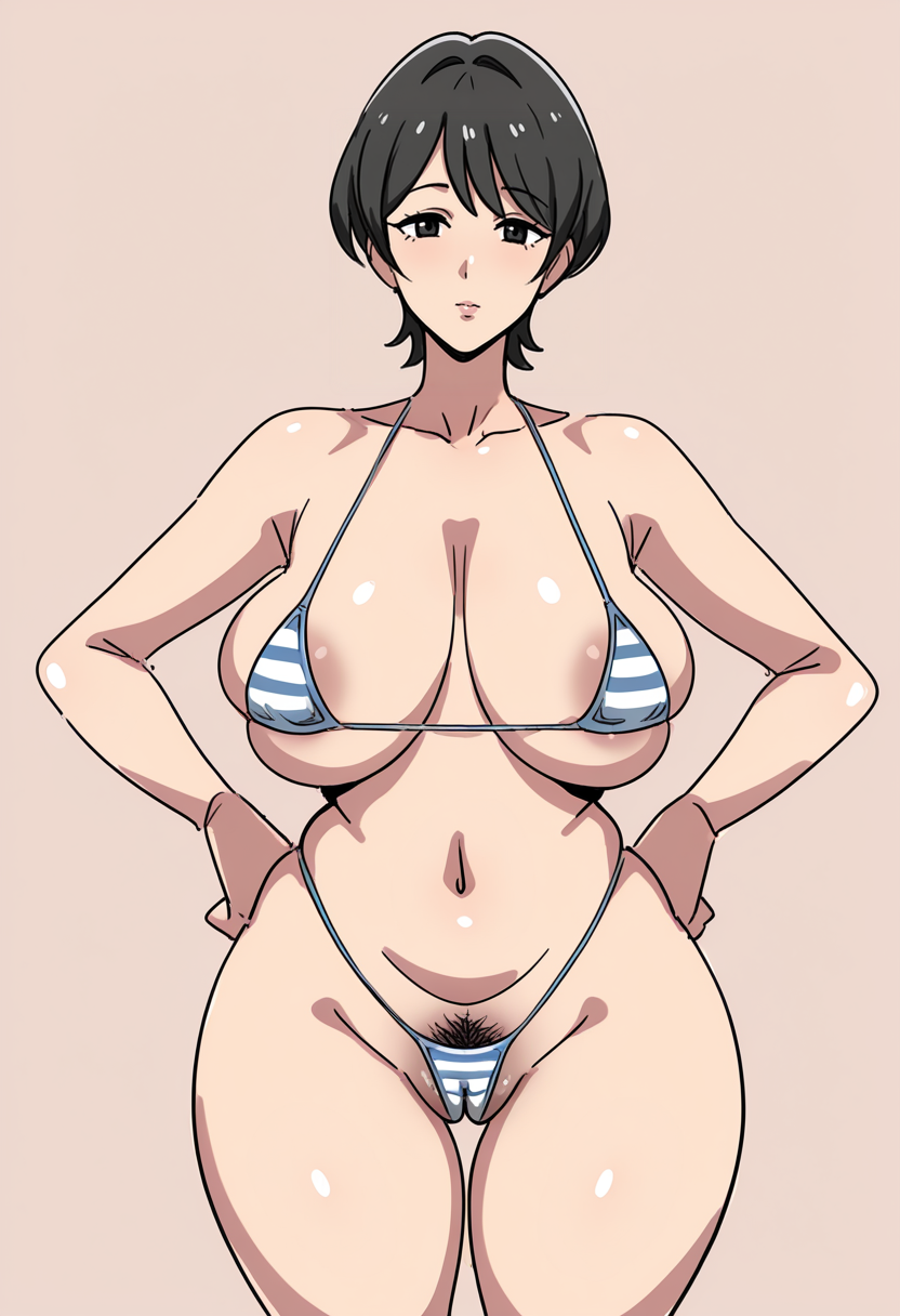 masterpiece, best quality,
1girl, solo,
standing, hands on own hips, looking at viewer, black hair, short hair, black eyes, mature female, large breasts, wide hips, female pubic hair, cameltoe, skindentation, bikini, micro bikini, striped bikini,
 <lora:kandenki_Style:1> k4nd3nk1,