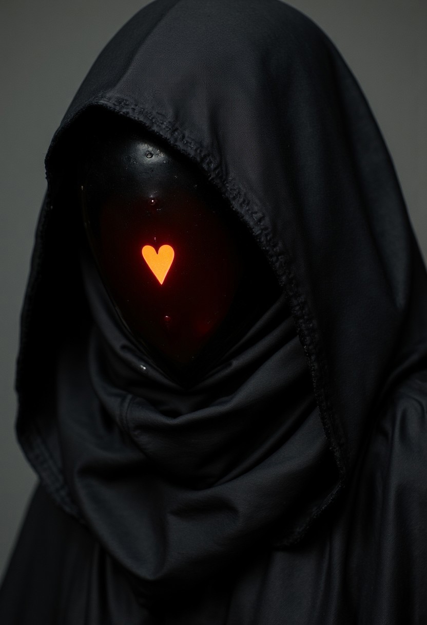 apoclypse, A dark photorealistic Closeup Portrait of a dystopian armored Woman with reflecting black and red facemask, Low Key bleaked orange luminous heart Icon glowing like a visor