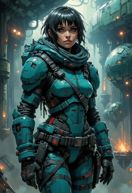 nistyle, a female space pirate. long messy hair, bangs, sidelocks, battered teal power armour, standing in the command room of a battered spaceship.