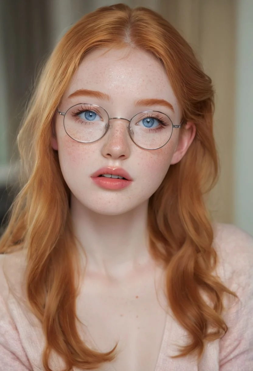 warm's eyes shot, Cinematic Hollywood Film style, ginger female supermodel, 18 years old girl, ashamed, big mouth, plump lips, extra shiny lips, long eyelashes, smile, textured pale skin, orange Brenden silver topknot hair, mouth wide-open, perfect teeth, white tigh high stockings, light freckles, flat chest, large nipples, short legs, thin legs, short torso, thin waist, tight off shoulders top, sensually dynamic pose, living room, perfect eyes, detailed irises and pupils, blue eyes, shot on Hasselblad X2D 100C,ISO 50, narrow shallow depth of field, bokeh, natural light form early spring at midday, sharp focus, realistic, high definition, Beautiful sun light filtering through the ends of the hair, long hair, ginger hair, glasses with transparent frame, long straight wavy hair, stockings, cute face, gorgeous, pretty face, pale skin, freckles, blond hair, blue eyes, full shiny lips, big lips, thick lips, parted lips, pink lipgloss, mascara, skinny thighs, petite body, young looking, skinny, ((large chest)), skinny, petite body(body heigth:140cm), big head, innocent look, young face, pink eye shadow, ashamed, blushing, saliva