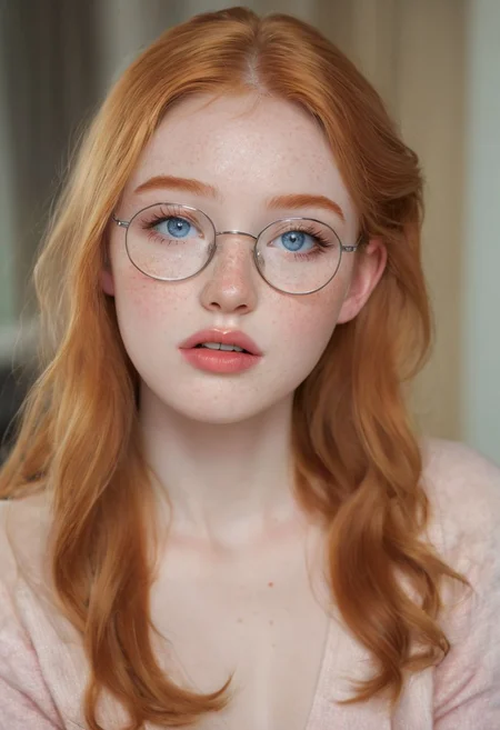 warm's eyes shot, Cinematic Hollywood Film style, ginger female supermodel, 18 years old girl, ashamed, big mouth, plump lips, extra shiny lips, long eyelashes, smile, textured pale skin, orange Brenden silver topknot hair, mouth wide-open, perfect teeth, white tigh high stockings, light freckles, flat chest, large nipples, short legs, thin legs, short torso, thin waist, tight off shoulders top, sensually dynamic pose, living room, perfect eyes, detailed irises and pupils, blue eyes, shot on Hasselblad X2D 100C,ISO 50, narrow shallow depth of field, bokeh, natural light form early spring at midday, sharp focus, realistic, high definition, Beautiful sun light filtering through the ends of the hair, long hair, ginger hair, glasses with transparent frame, long straight wavy hair, stockings, cute face, gorgeous, pretty face, pale skin, freckles, blond hair, blue eyes, full shiny lips, big lips, thick lips, parted lips, pink lipgloss, mascara, skinny thighs, petite body, young looking, skinny, ((large chest)), skinny, petite body(body heigth:140cm), big head, innocent look, young face, pink eye shadow, ashamed, blushing, saliva