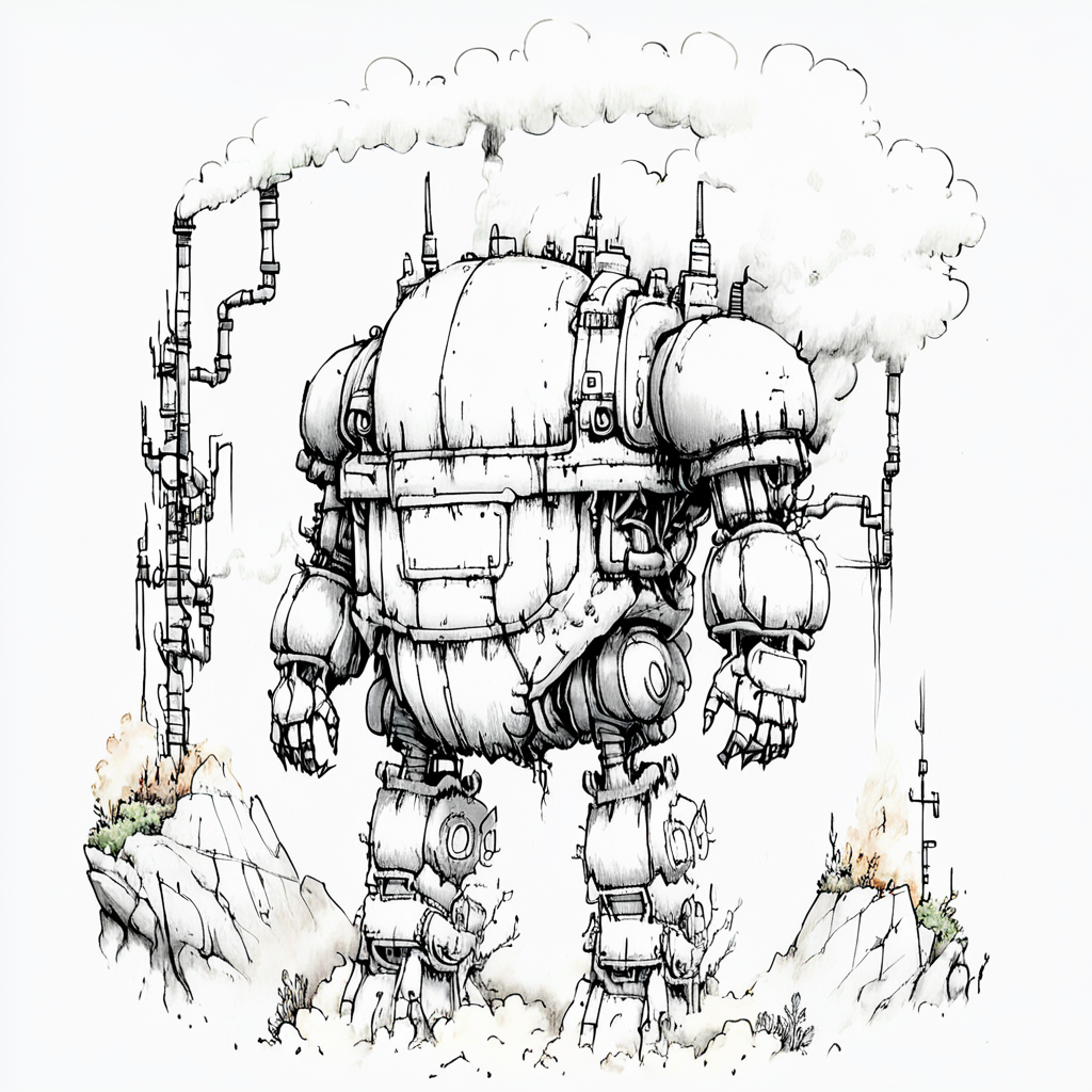 ArsMJStyle, Whimsical Mechanica, Line Drawing, The image is a black and white line drawing of a large robot-like creature with a large head and arms. The creature appears to be made of metal and has multiple pipes and valves attached to its body. It has a large dome-like structure on top with a small window on the front and a small door on the side. The body is covered in wires and cables and there is a large cloud of smoke coming out of its mouth. The robot is standing on a rocky terrain with small rocks and plants scattered around. The overall style of the creature is industrial and futuristic., robot, monochrome, mecha, greyscale, no humans, smoke, science fiction, cloud, solo, sketch  <lora:Whimsical_Mechanica_Line_DrawingSDXL:1>