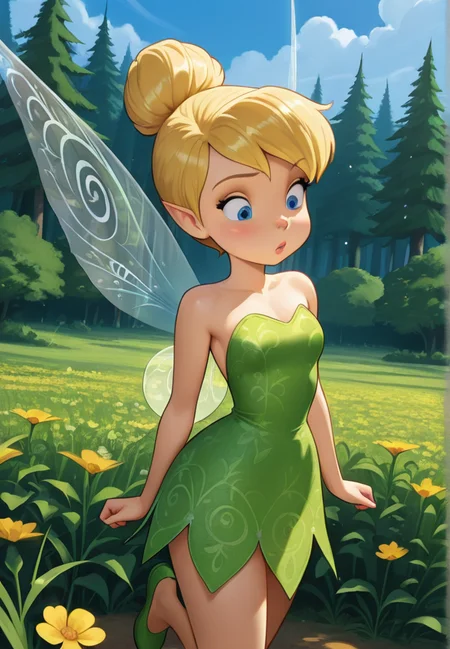 masterpiece, best quality, amazing quality, very aesthetic, absurdres, newest, detailed background, cowboy shot, outdoors, dynamic angle, forest, sky, clouds, flower
tinkerbellxd, 1girl, fairy, solo, pointy ears, wings, hair bun, dress, blonde hair, bare shoulders, strapless, fairy wings, single hair bun, strapless dress, minigirl, green dress, shoes, full body, green footwear, blue eyes,
<lora:Tinkerbell_-_Disney_Illustrious:1>