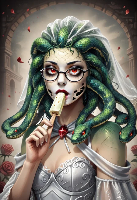 1girl, detailed face, emo makeup, snake hair, veil, black wedding dress, glasses, holding icecream popsicle, snake, snake on shoulders, upper body, rose, the contur of the petals glow eerily white, dim light, intricate details, horror theme, cementary, detailed background,
BL4CK3STBL4CK, black_theme, matte_color, flat color, diamondMW