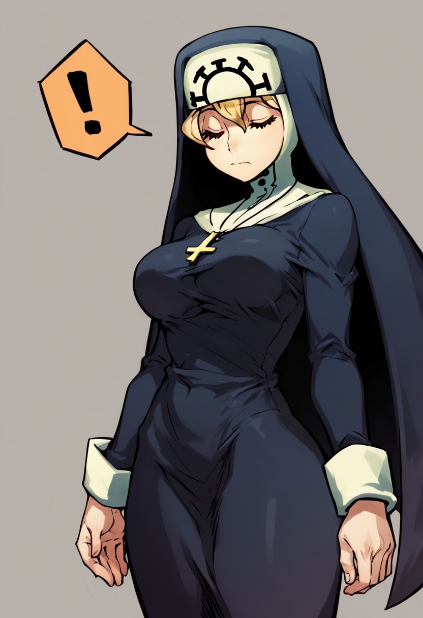 Score_9, Score_8_up, Score_7_up,1girl, breasts, closed_eyes, solo, nun, orange_background, !, habit, blonde_hair, large_breasts, spoken_exclamation_mark, simple_background, long_sleeves, hand_up, closed_mouth, cowboy_shot, standing, Double skullgirls