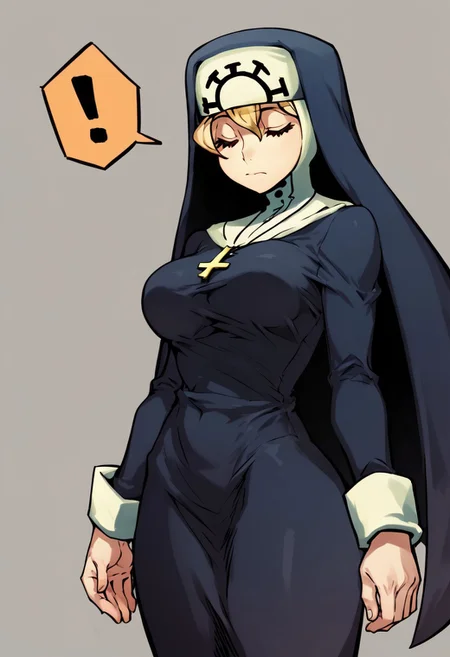 Score_9, Score_8_up, Score_7_up,1girl, breasts, closed_eyes, solo, nun, orange_background, !, habit, blonde_hair, large_breasts, spoken_exclamation_mark, simple_background, long_sleeves, hand_up, closed_mouth, cowboy_shot, standing, Double skullgirls