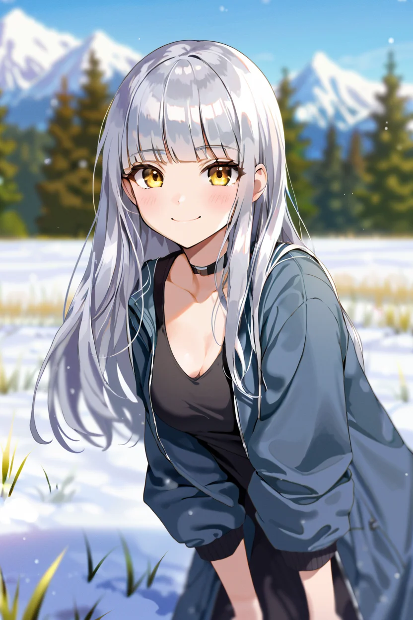 solo, 
long hair, wavy hair, silver hair, blunt bangs, yellow eyes, medium breasts, jacket, choker, smile, black t-shirt, arms behind back, leaning forward, oversized clothes, 
portrait, snow, field, depth of field, 
masterpiece, best quality,