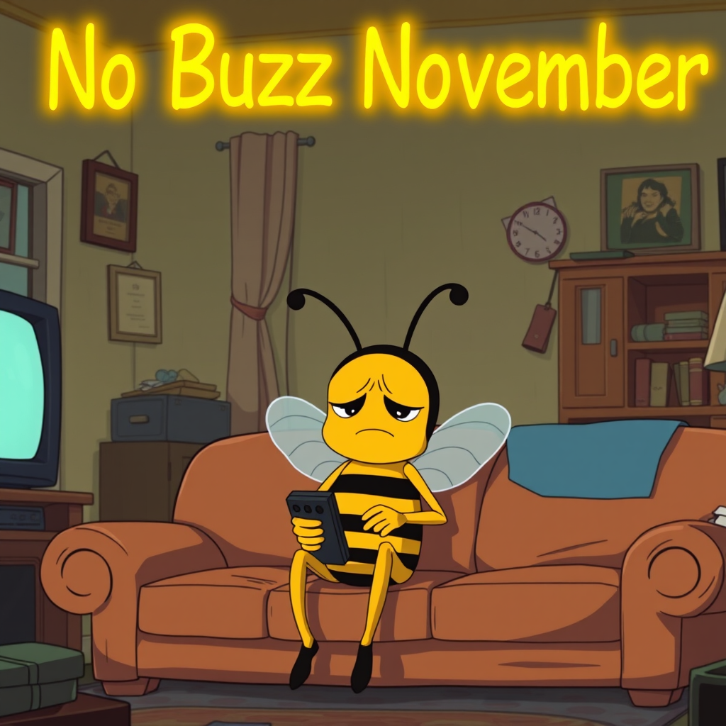 anime screencap of a sad anthropomorphic cartoon bee sitting on a couch in a run-down apartment and holding a remote. The words "No Buzz November" are in yellow neon lights above his head. The image overall evokes a cartoonish anime style,with vivid colors and dynamic shading.