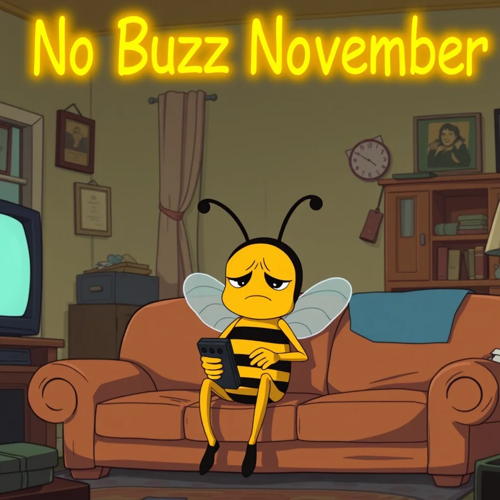 anime screencap of a sad anthropomorphic cartoon bee sitting on a couch in a run-down apartment and holding a remote. The words "No Buzz November" are in yellow neon lights above his head. The image overall evokes a cartoonish anime style,with vivid colors and dynamic shading.